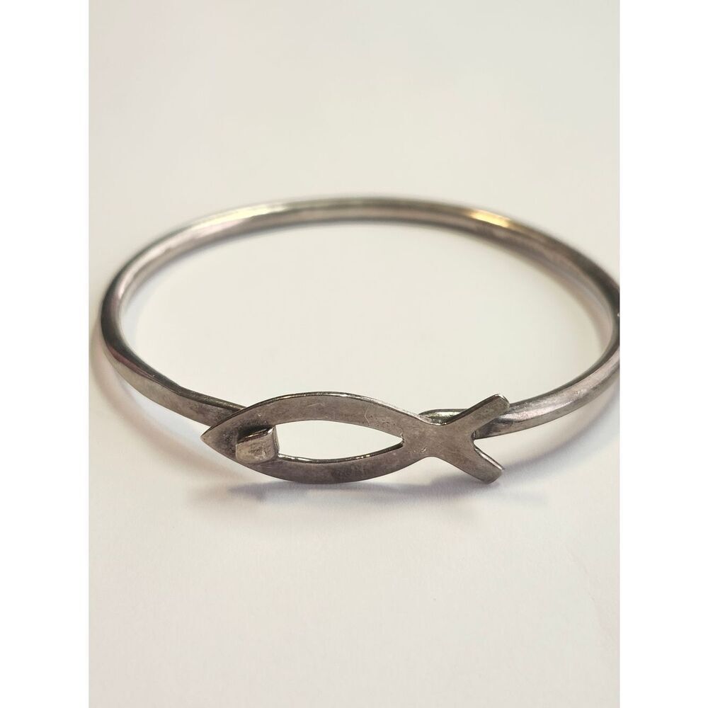 MEXICO 925 Sterling Silver  Vintage Open Fish Motif Bangle Bracelet
